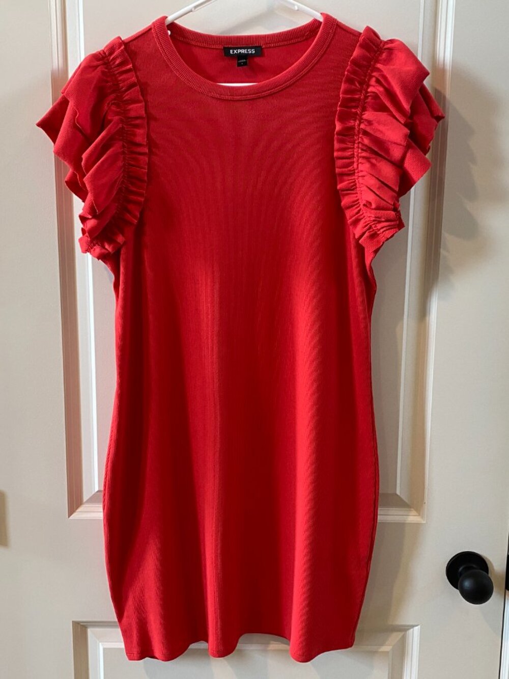 Express Red Ribbed Dress w Shoulder Detailing Size L - Picture 3 of 9